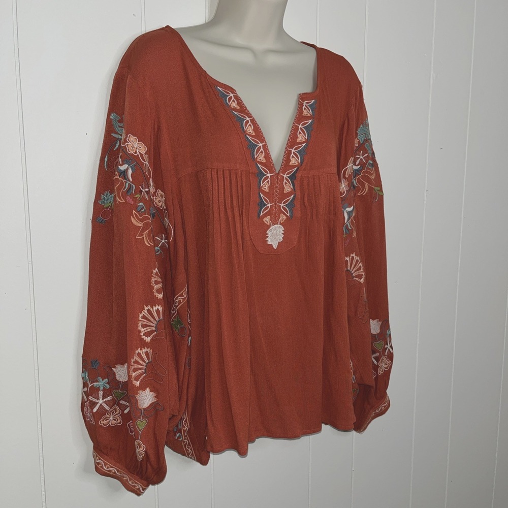 Three Bird Nest Top L Beautiful Embroidered Boho Boutique Flowy Shirt Blouse - Picture 2 of 8